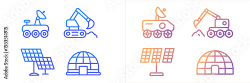 Unique icons depicting futuristic space exploration and renewable energy concepts designed with modern minimalism