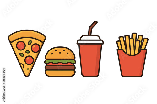 Fast food assortment featuring pizza, burger, drink, and fries in a colorful design