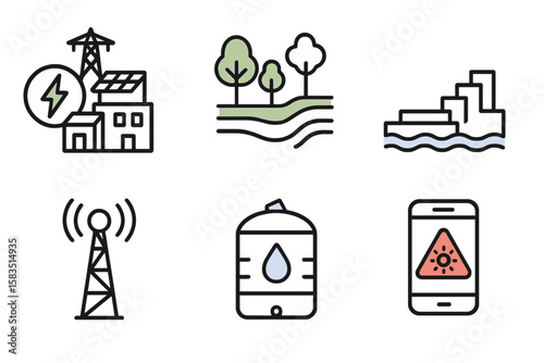 Energy sources and environmental elements represented through icons in a clear, modern design