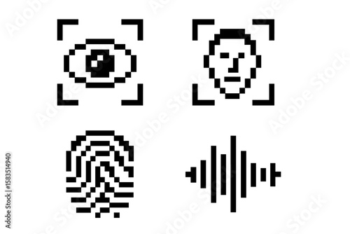 Icons of biometric ID methods: facial recognition, fingerprinting, eye scanning, and voice recognition