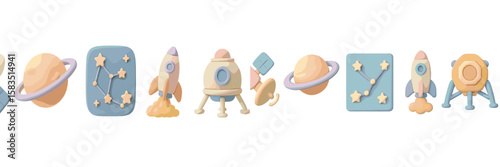 Exploring outer space through playful pastel toys and decorations in a creative setting