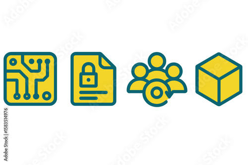 Digital icons representing technology, security, collaboration, and data management in a vibrant design