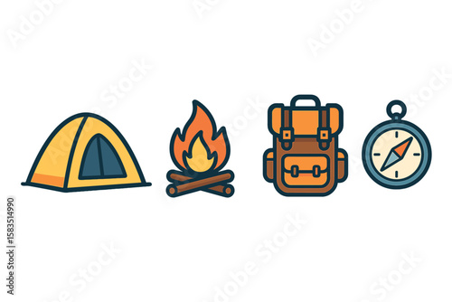 Camping essentials featuring a tent, campfire, backpack, and compass in a nature setting