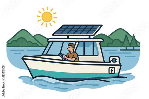 Solar-powered boat cruising through a serene lake surrounded by mountains on a sunny day