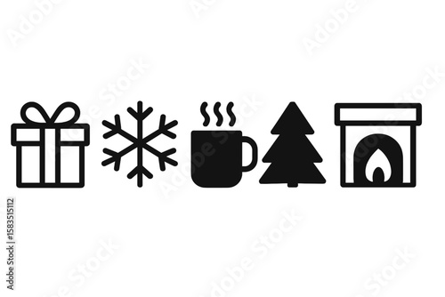 Winter holiday symbols include gift, snowflake, hot beverage, tree, and fireplace in black silhouettes on white background