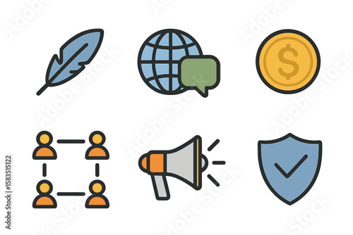 Symbols representing communication, finance, and community in modern global interactions