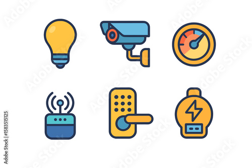 Various smart technology icons showcasing home automation features for security and energy management