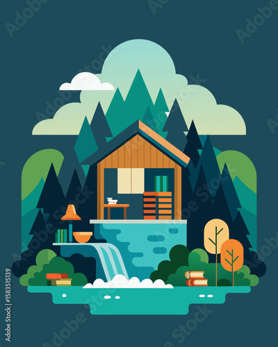 The rush of a nearby waterfall echoes through the stillness of the lodges library providing a peaceful environment for reading writing and remote work.. Vector illustration