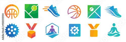 Colorful collection of sports and wellness icons showcasing various activities and achievements in a modern design