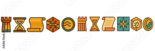 Creative symbols representing time, knowledge, and discovery in a colorful, abstract design suitable for various artistic projects
