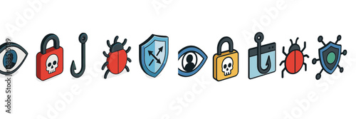 Colorful security icons represent digital threats, protection, and awareness in a modern context