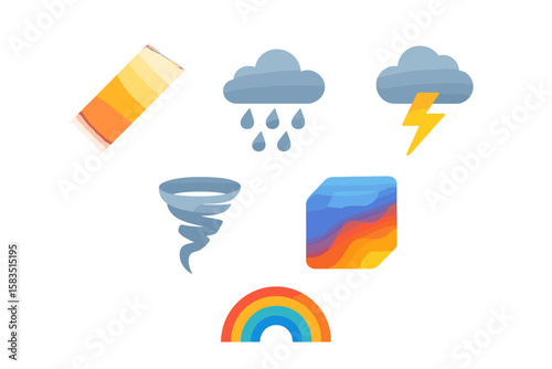 Weather symbols representing different conditions like sunshine, rain, and storms, showcasing meteorological elements