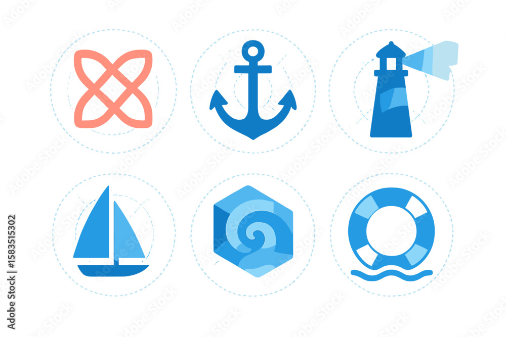 Nautical-themed icons representing maritime activities and safety symbols in a bright and modern style