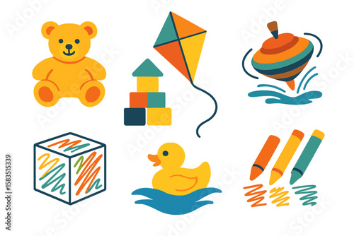 Colorful illustration of playful toys for children including a teddy bear, kite, and building blocks