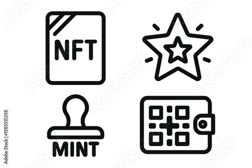 Exploring digital art concepts with NFT, mint symbol, and wallet icons related to blockchain technology