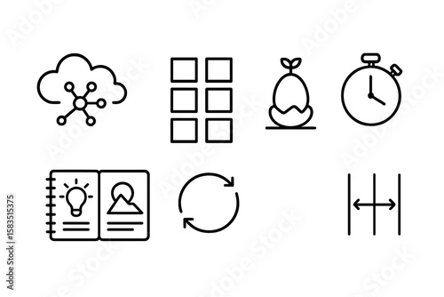 Icons representing concepts in technology and design, illustrating creativity, organization, and productivity in a minimalist style