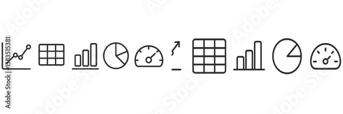 Various data visualization icons depicting trends, charts, metrics, and analysis for informative presentations or reports