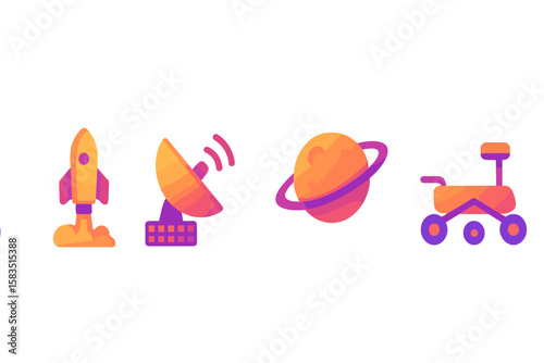 Colorful icons representing space exploration activities including a rocket, satellite, planet, and rover