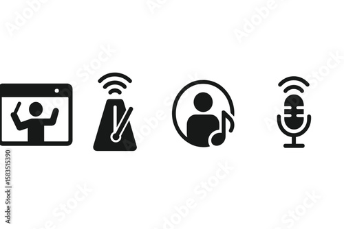 Icons representing online music lesson activities including a teacher, metronome, student, and microphone in a digital setting