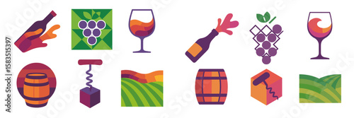 Colorful wine-themed illustrations featuring bottles, grapes, and vineyard elements ideal for event promotions