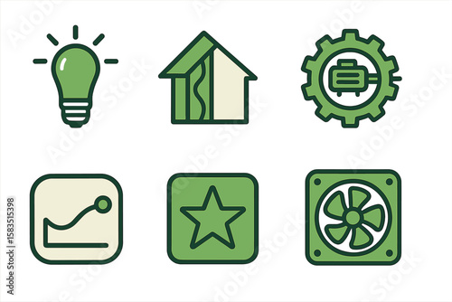 Illustrations of green technology icons representing renewable energy and eco-friendly home solutions