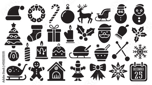 Christmas icons black and white festive symbols holiday