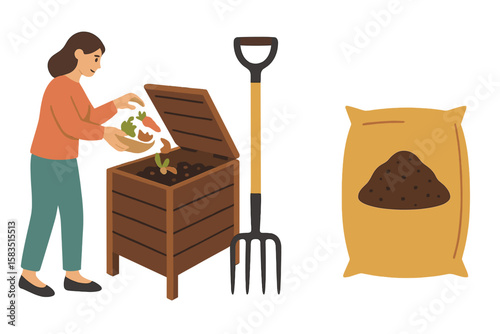 Gardening practice with planting seeds in compost bin and bag of soil at home during the afternoon