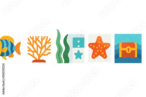 Colorful underwater elements depicting marine life, coral, and treasure in a vibrant illustration