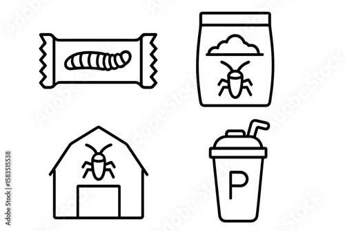 Insects as sustainable food sources presented in packaging, bottles, and building illustrations in a minimalist style