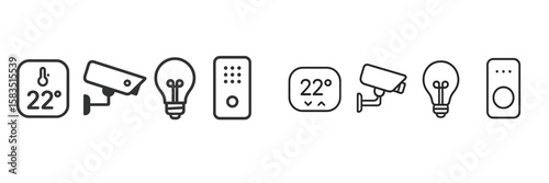 Various icons representing smart home technology including security cameras, smart bulbs, and temperature monitors