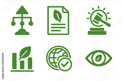 Green symbols representing sustainability, legality, and global awareness in environmental documentation and assessment practices