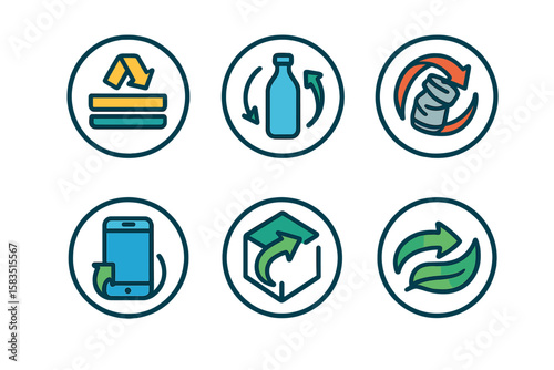 Icons representing recycling processes and sustainable practices for different materials including paper, plastic, and electronics