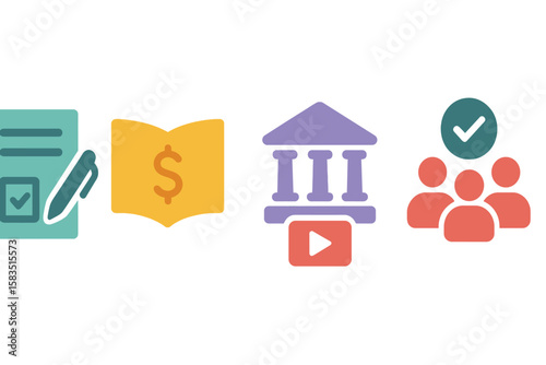 Illustrations of finance, education, and community engagement in a digital format showcasing modern learning tools
