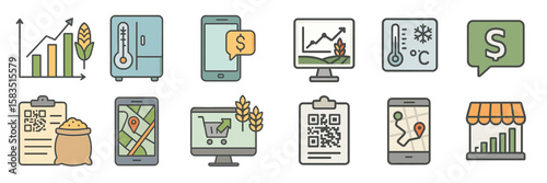 Collection of digital icons representing agriculture, technology, and data analysis in a modern setting