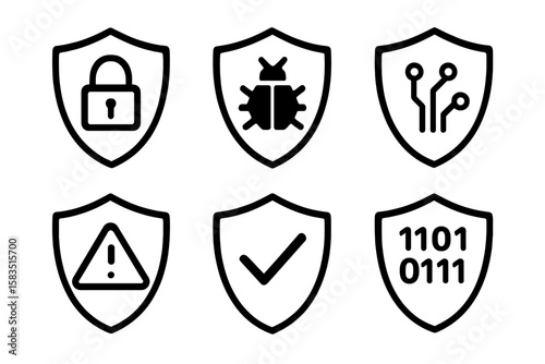 Security icons represent various aspects of cybersecurity in a simple and clear design format