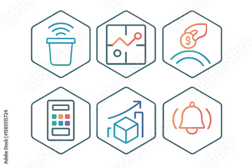 Icons representing technology and data analysis relevant to smart systems and financial tracking applications