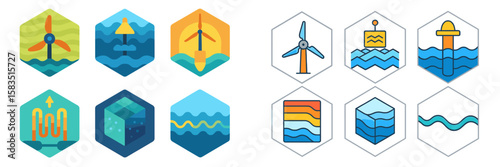 Renewable energy icons showcase wind and wave power designs for sustainable future initiatives
