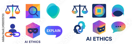 Understanding AI ethics through visual icons representing justice, responsibility, and understanding in technology