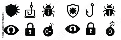 Cybersecurity symbols depicting various threats and protections in digital environments showcased for awareness