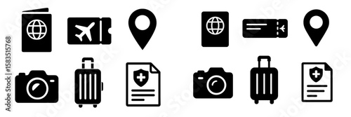 Travel essentials including passport, travel ticket, suitcase, camera, and health documentation