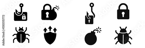 Digital security icons representing cyber threats and protection measures on a white background