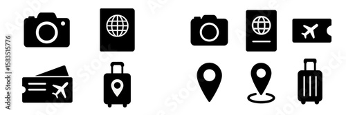 Travel essentials for a smooth journey including camera, passport, tickets and luggage in a minimalistic graphic design