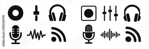 Symbols representing sound, music, and audio equipment for various applications in a modern digital context