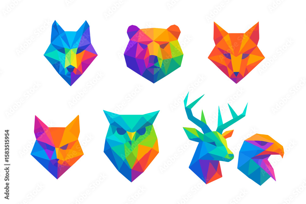 Naklejka premium Creative geometric animal heads in vibrant colors showcasing modern art style and abstract design elements