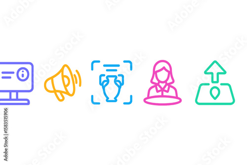 Digital icons representing technology, communication, achievements, and user engagement in a simplistic style
