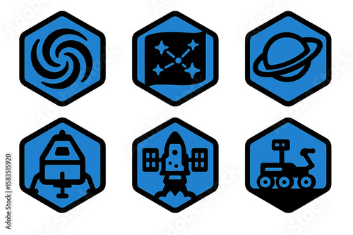 Creative space-themed icons depicting celestial elements, spacecraft, and exploration tools in vibrant blue and black colors