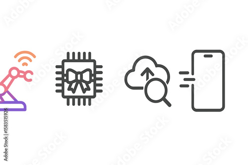 Modern technology icons represent automation, computing, data transfer, and mobile devices in a digital landscape