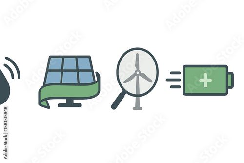 Renewable energy symbols representing water, solar power, wind turbines, and battery storage in a modern design
