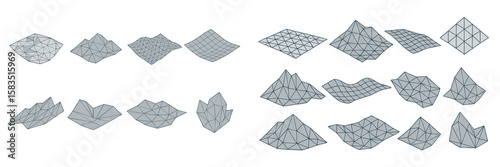 Various geometric shapes displaying different terrains and elevations in a 3D modeling context for design purposes