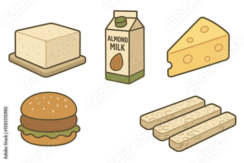 Assortment of plant-based food items including tofu, almond milk, cheese, and a burger at a modern kitchen setting